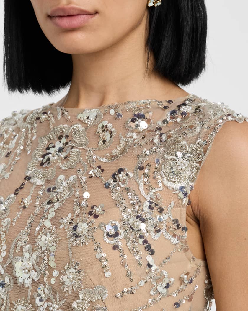 Violet Bead & Sequin Floral-Embroidered Gown