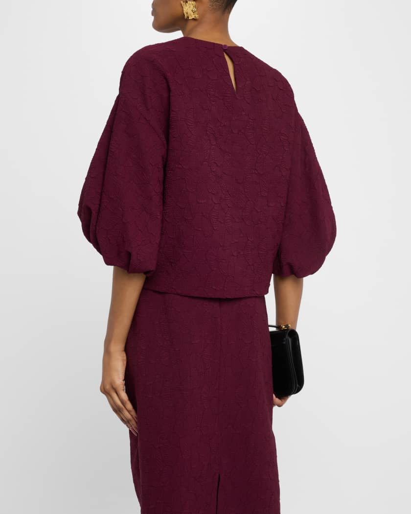Blouson-Sleeve Jacquard Blouse