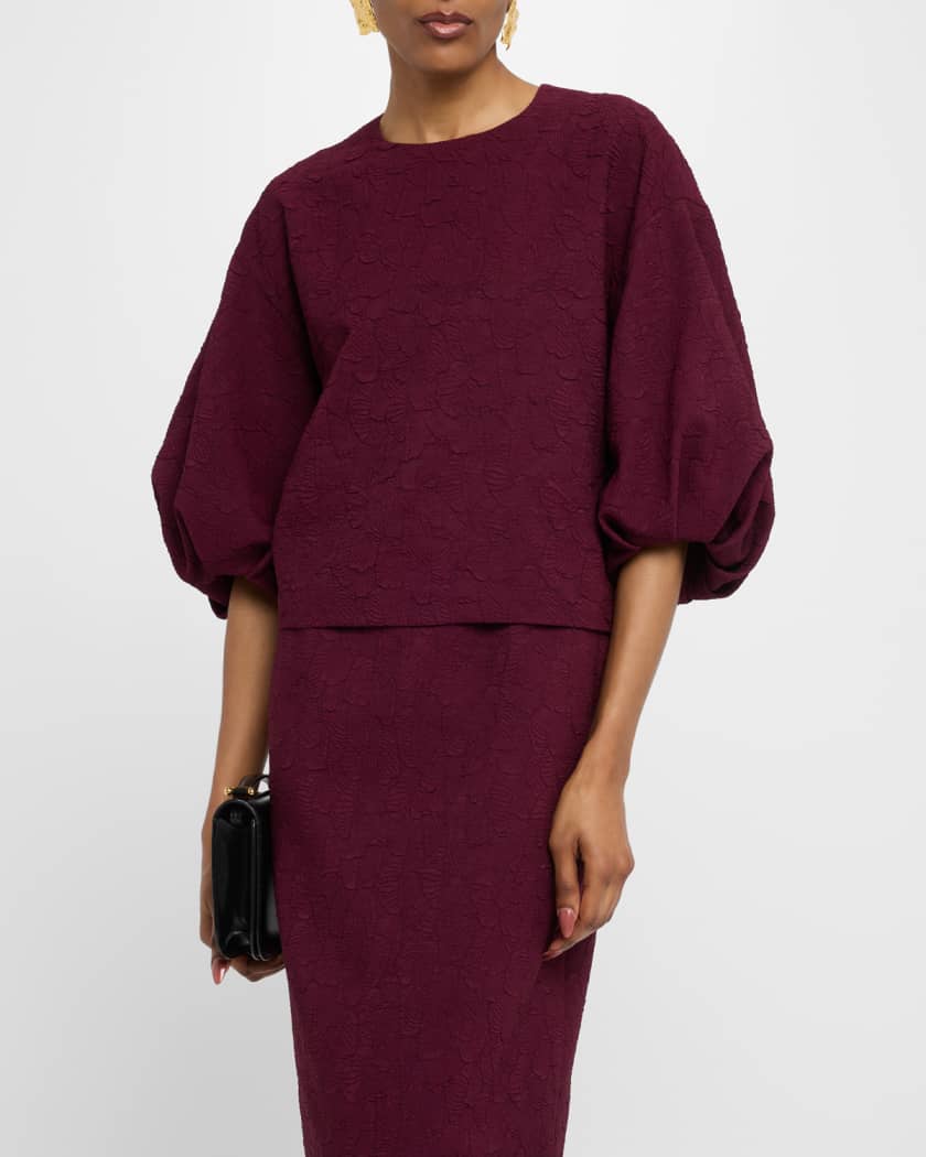 Blouson-Sleeve Jacquard Blouse
