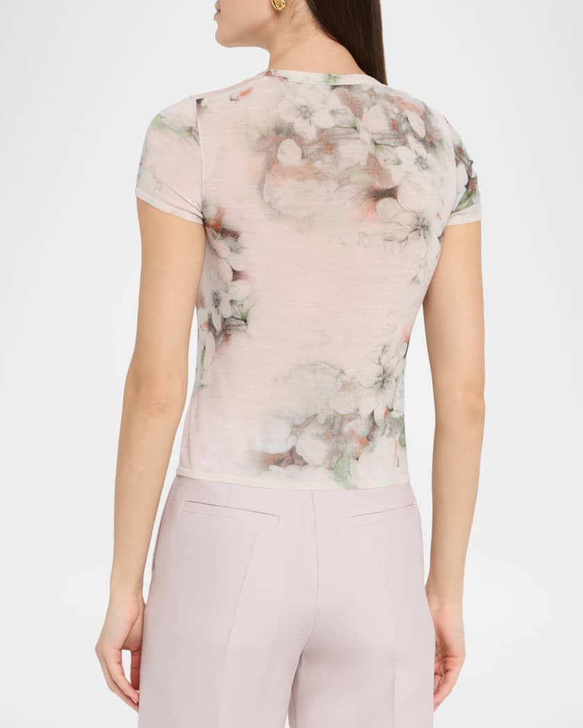 Floral-Print Lightweight Merino Wool Short-Sleeve Sweater