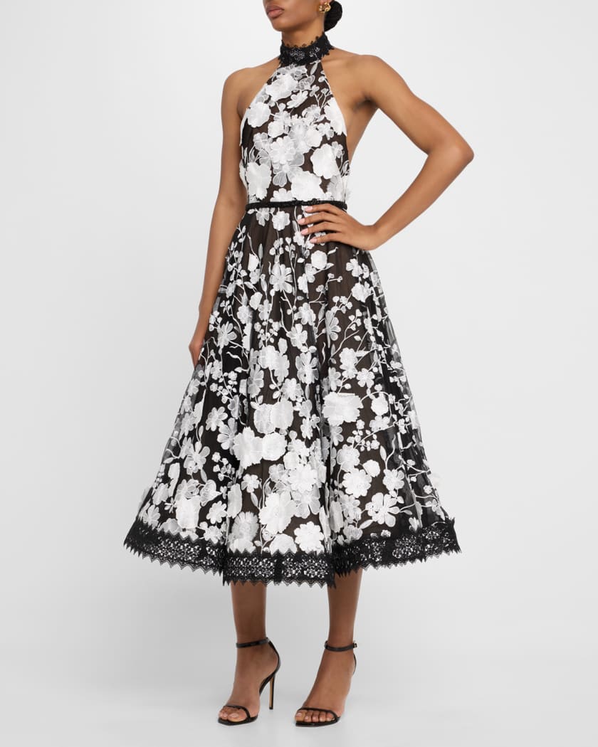 Greta Floral-Embroidered Halter Midi Dress