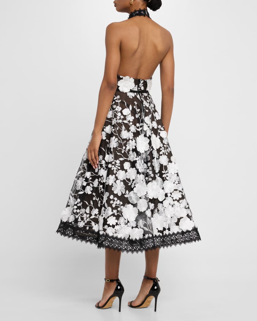 Greta Floral-Embroidered Halter Midi Dress