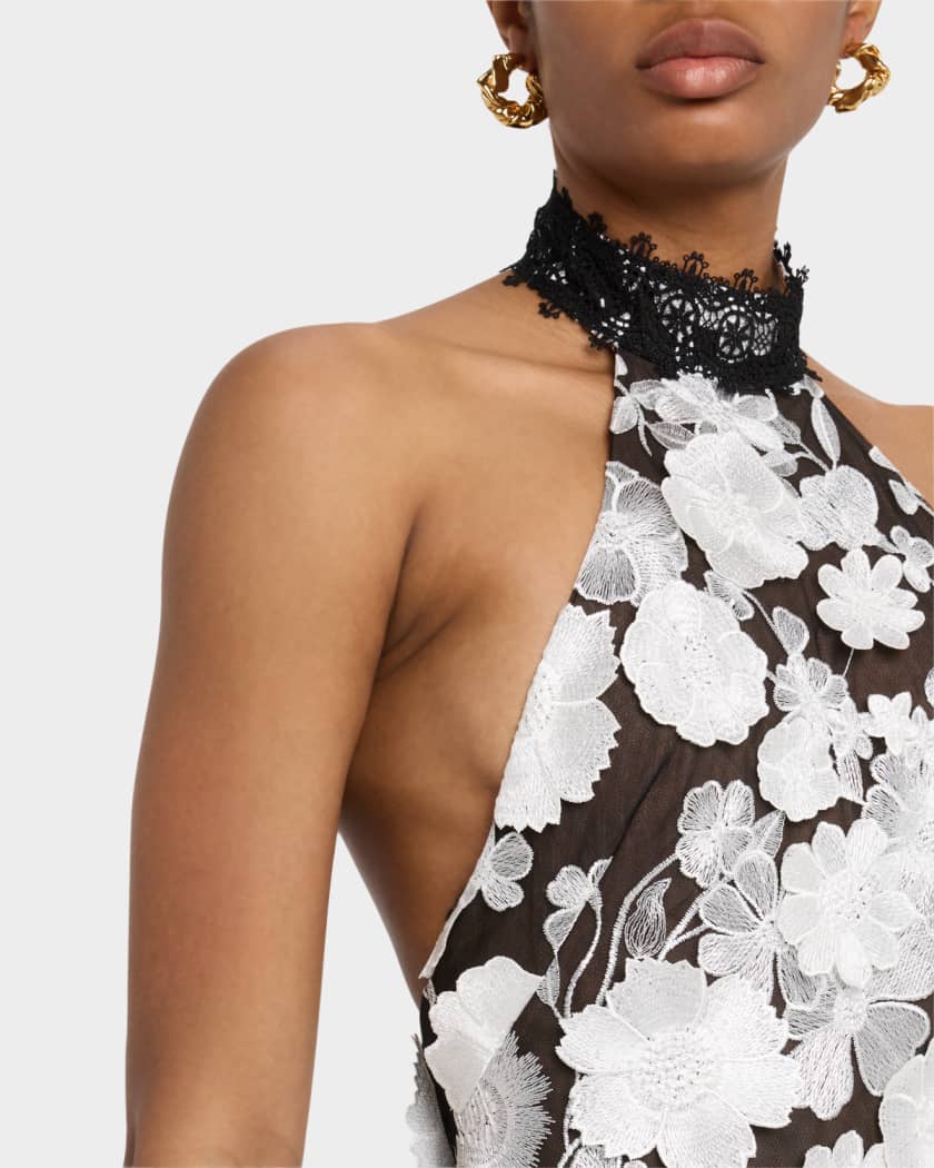 Greta Floral-Embroidered Halter Midi Dress