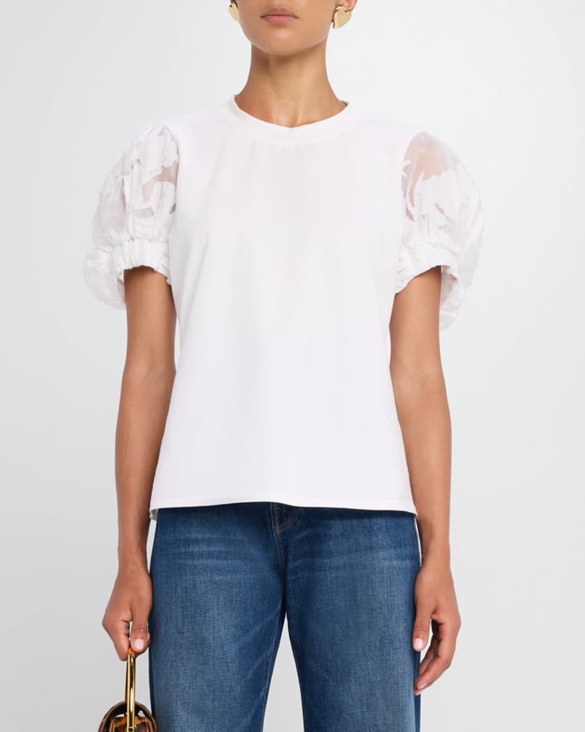 Yashi Floral Organza Puff-Sleeve Top 