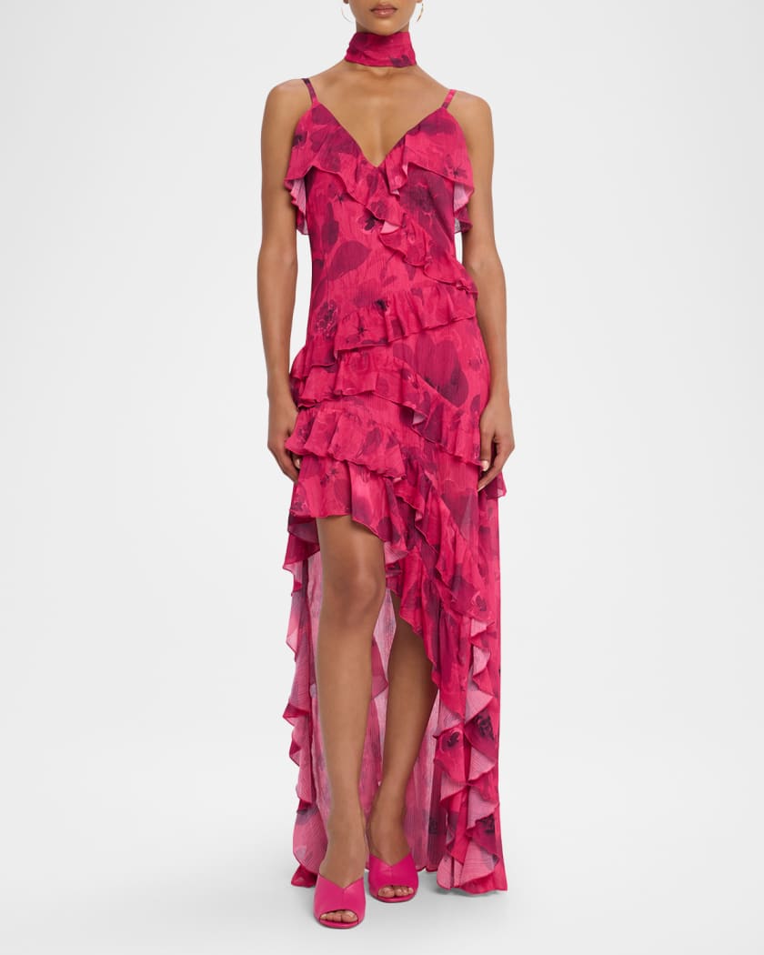Nelia High-Low Ruffle Wrap Maxi Dress with Detachable Scarf