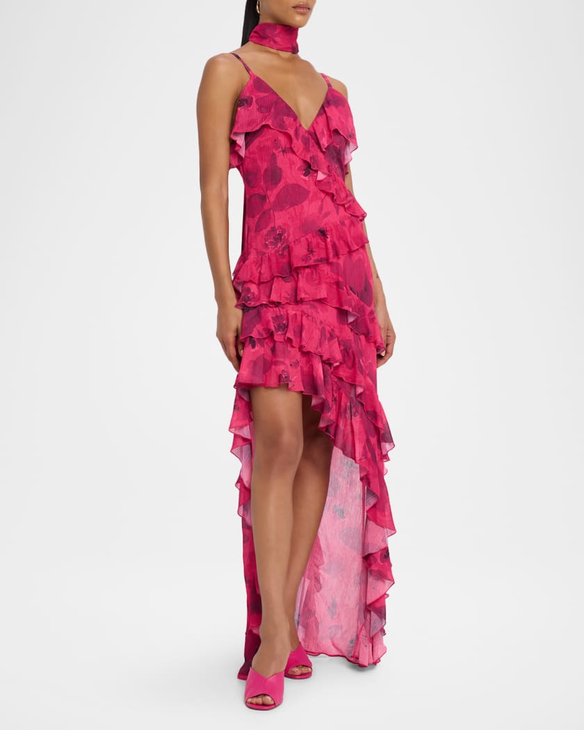 Nelia High-Low Ruffle Wrap Maxi Dress with Detachable Scarf