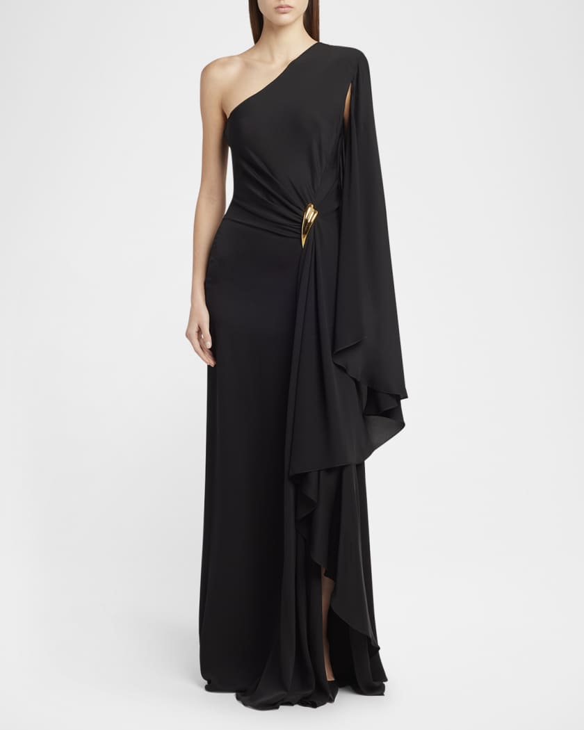 One-Shoulder Light Silk Evening Gown