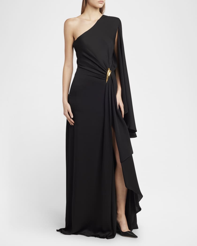 One-Shoulder Light Silk Evening Gown