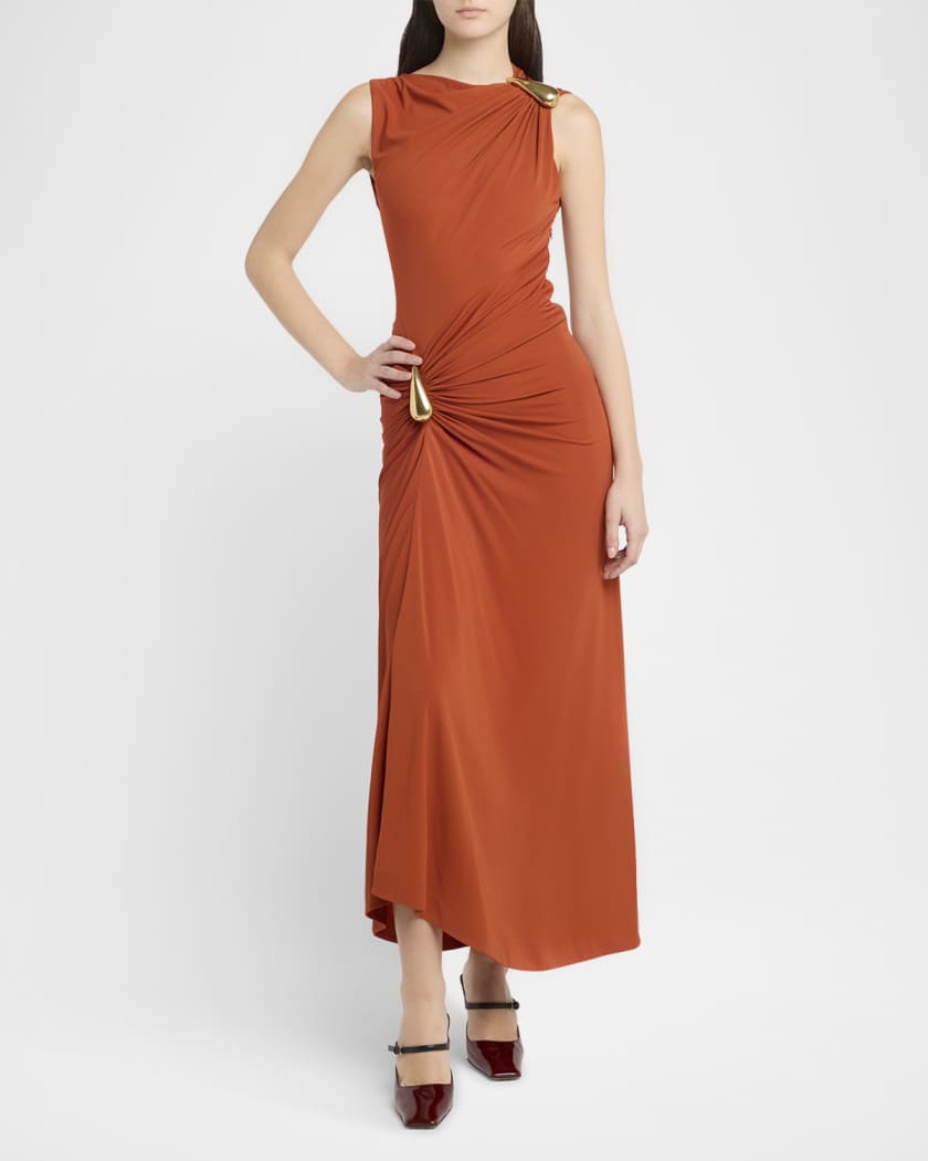 Drop Detail Gathered Matte Crepe Jersey Maxi Dress