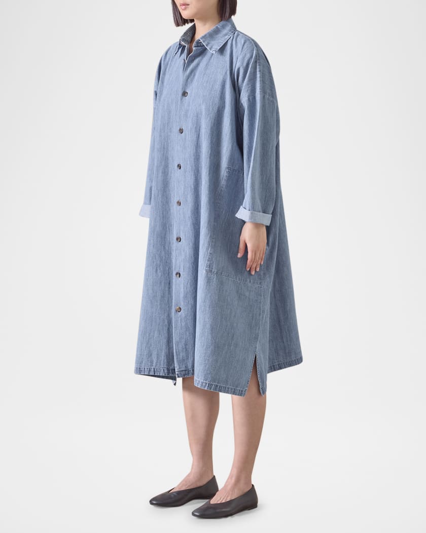 Denim Wide A-Line Back-Pleat Shirtdress With Collar