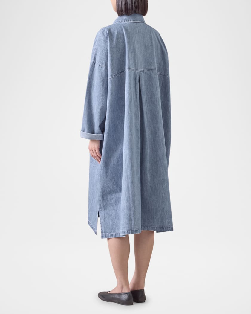 Denim Wide A-Line Back-Pleat Shirtdress With Collar