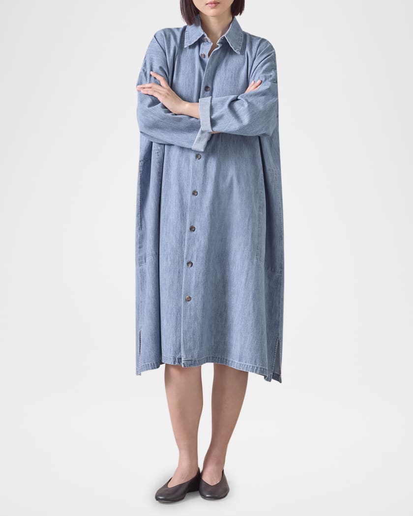 Denim Wide A-Line Back-Pleat Shirtdress With Collar