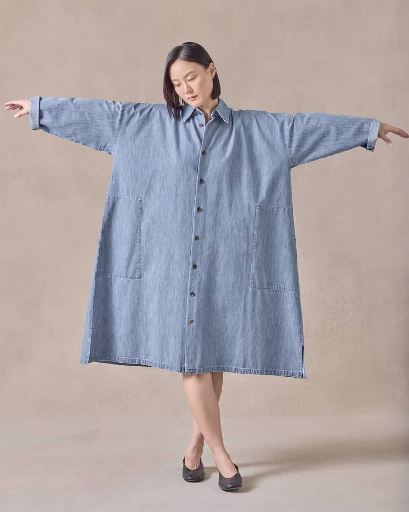 Denim Wide A-Line Back-Pleat Shirtdress With Collar