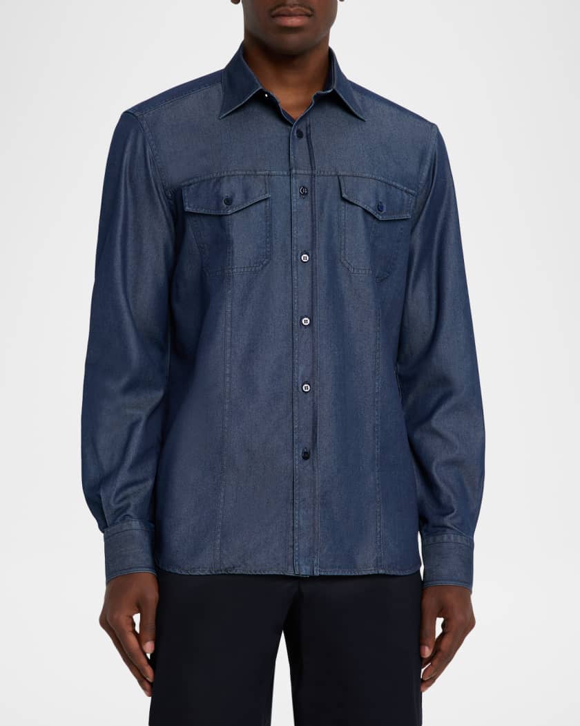 Stefano Ricci Men's Cotton and Silk Denim Button-Down Shirt