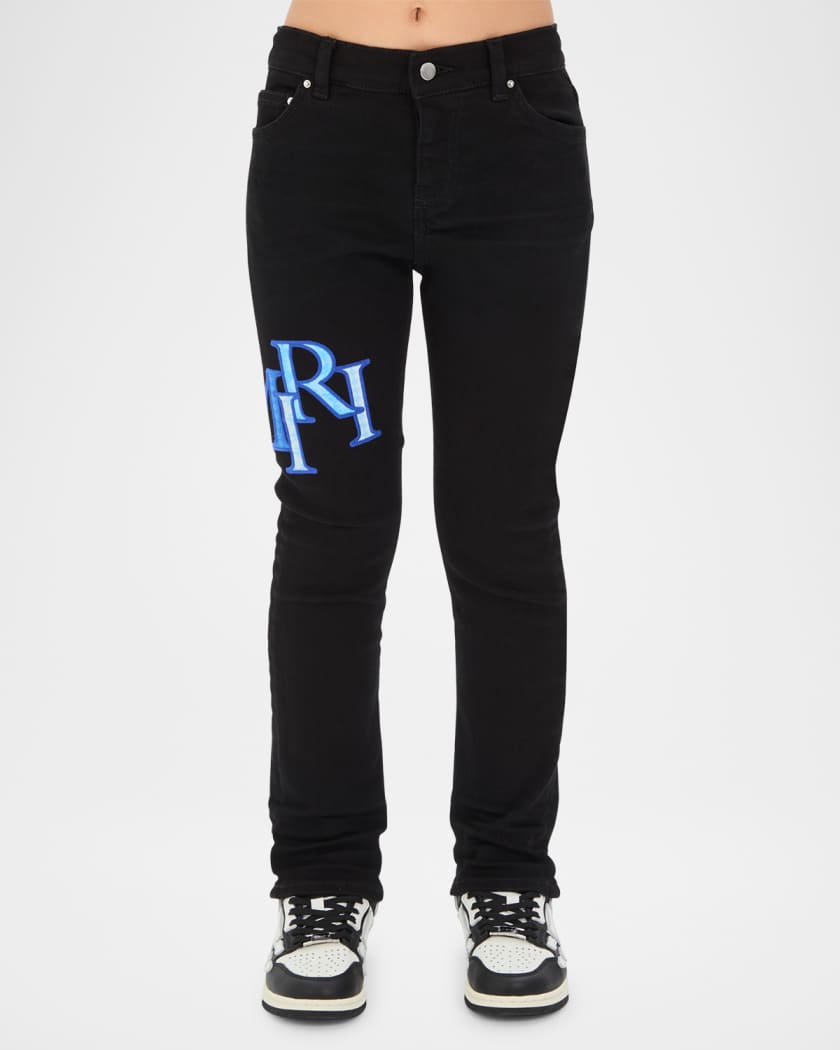 Boy's Staggered Logo-Print Jeans, Size 4-12