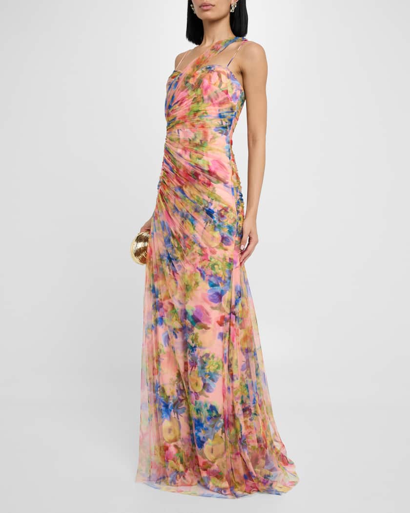 Macie Ruched Floral-Print Tulle Gown