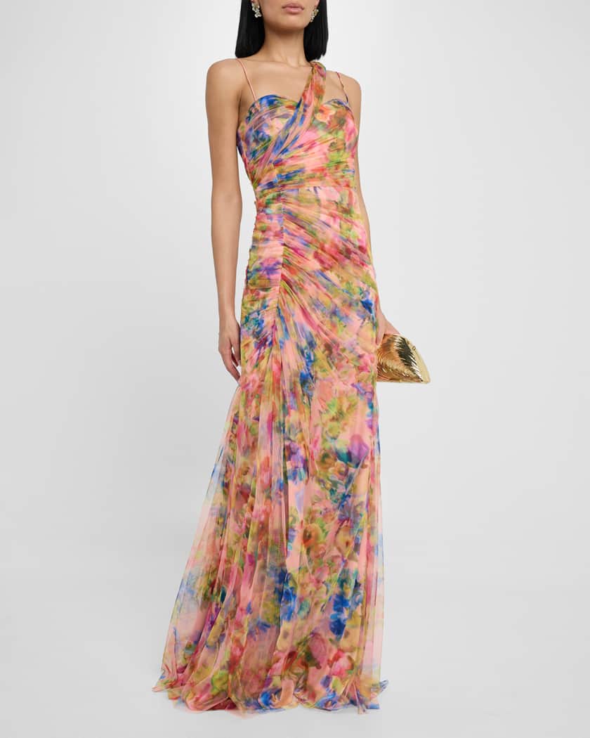 Macie Ruched Floral-Print Tulle Gown