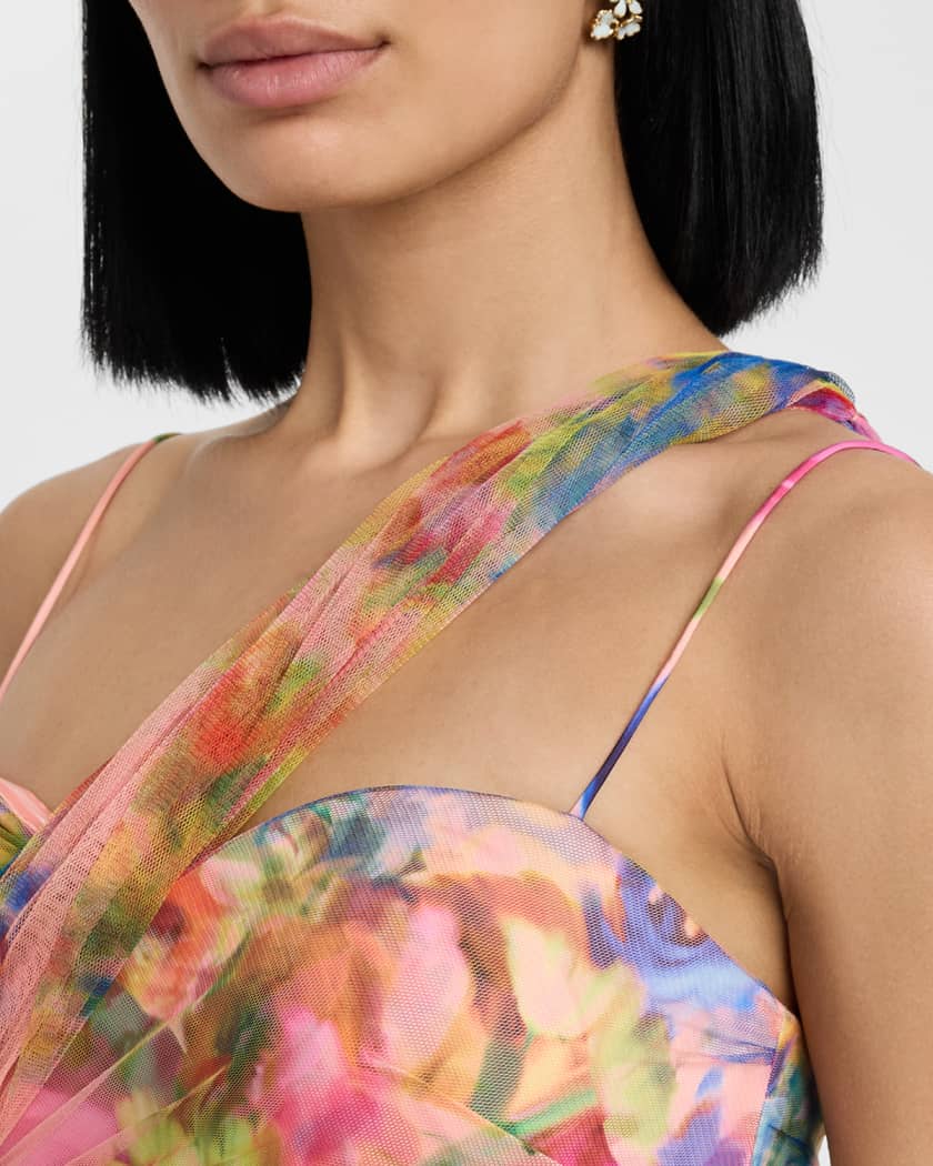 Macie Ruched Floral-Print Tulle Gown