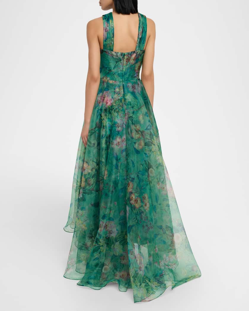 Luana Floral-Print Organza Halter Gown