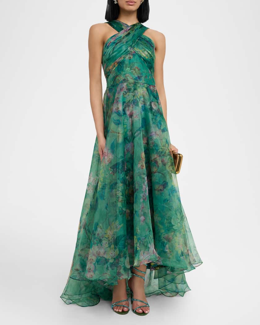 Luana Floral-Print Organza Halter Gown