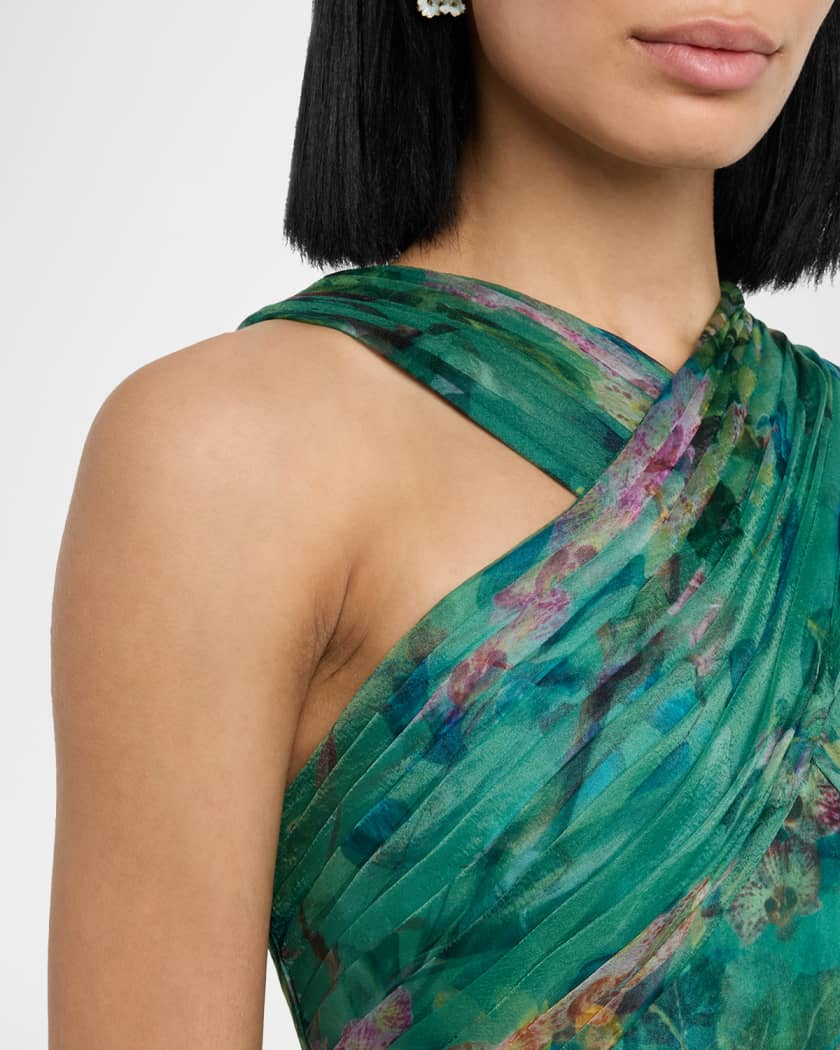 Luana Floral-Print Organza Halter Gown