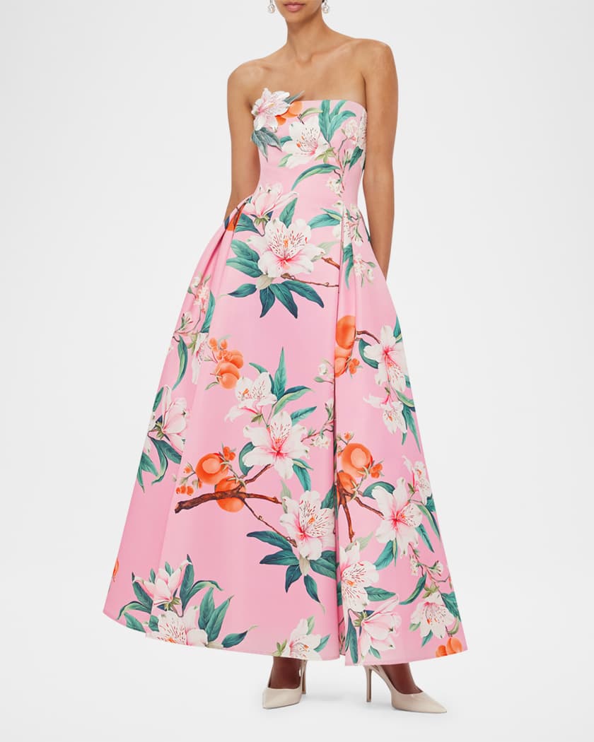 Nora Pleated Floral-Print Bustier Gown