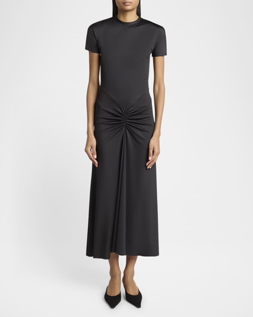 Gathered Drop-Waist Midi T-Shirt Dress