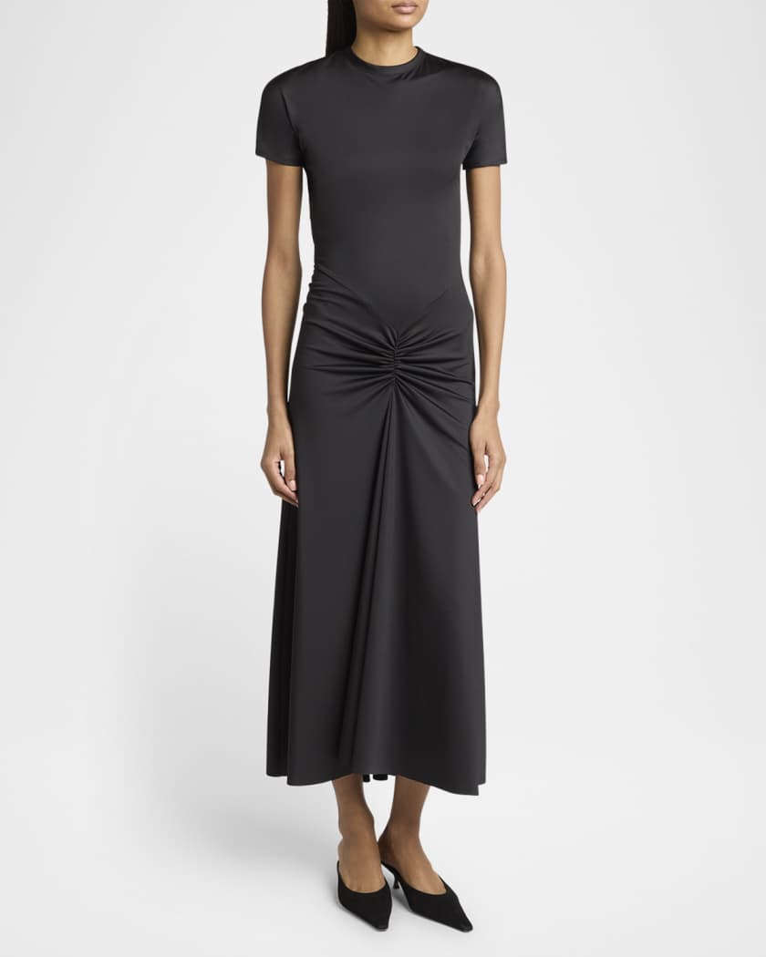 Gathered Drop-Waist Midi T-Shirt Dress