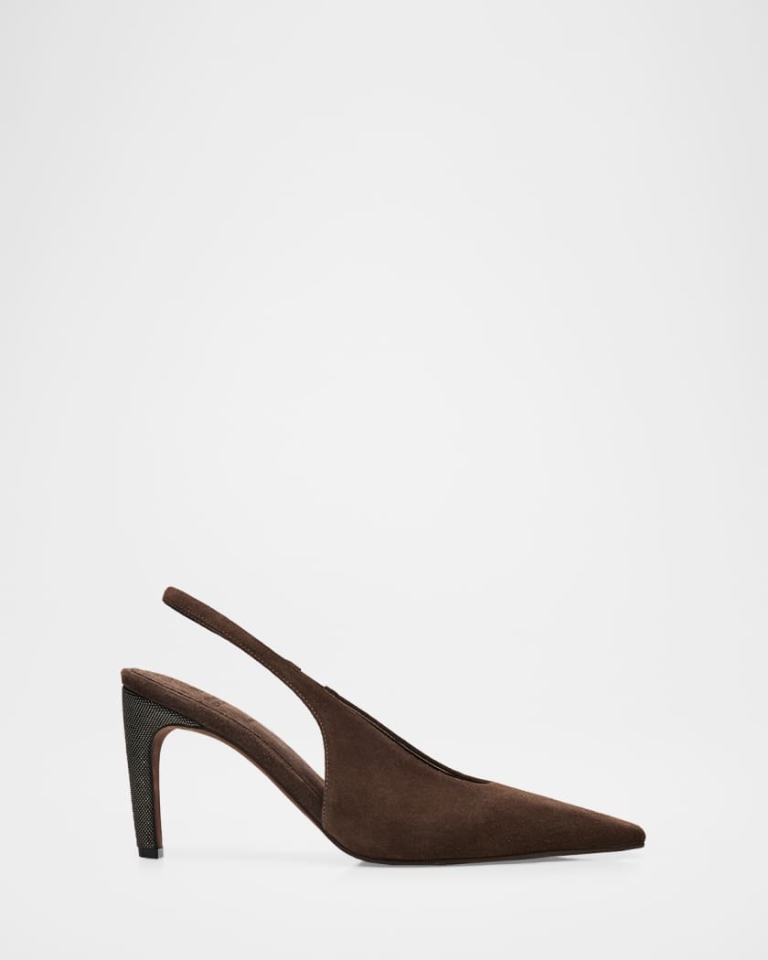 Brunello Cucinelli 80mm Monili Suede Slingback Pumps | Neiman Marcus