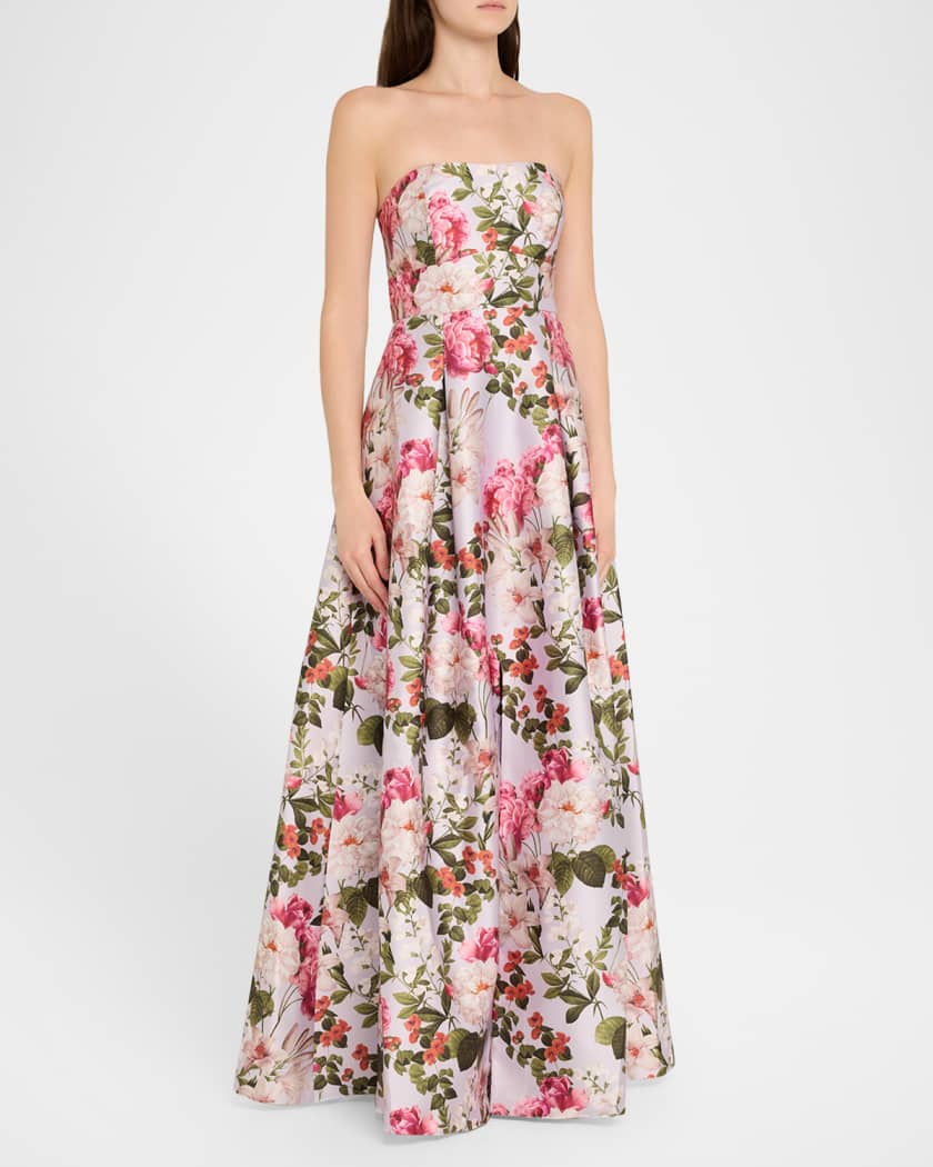 Giovanna Strapless Pleated Floral-Print Gown