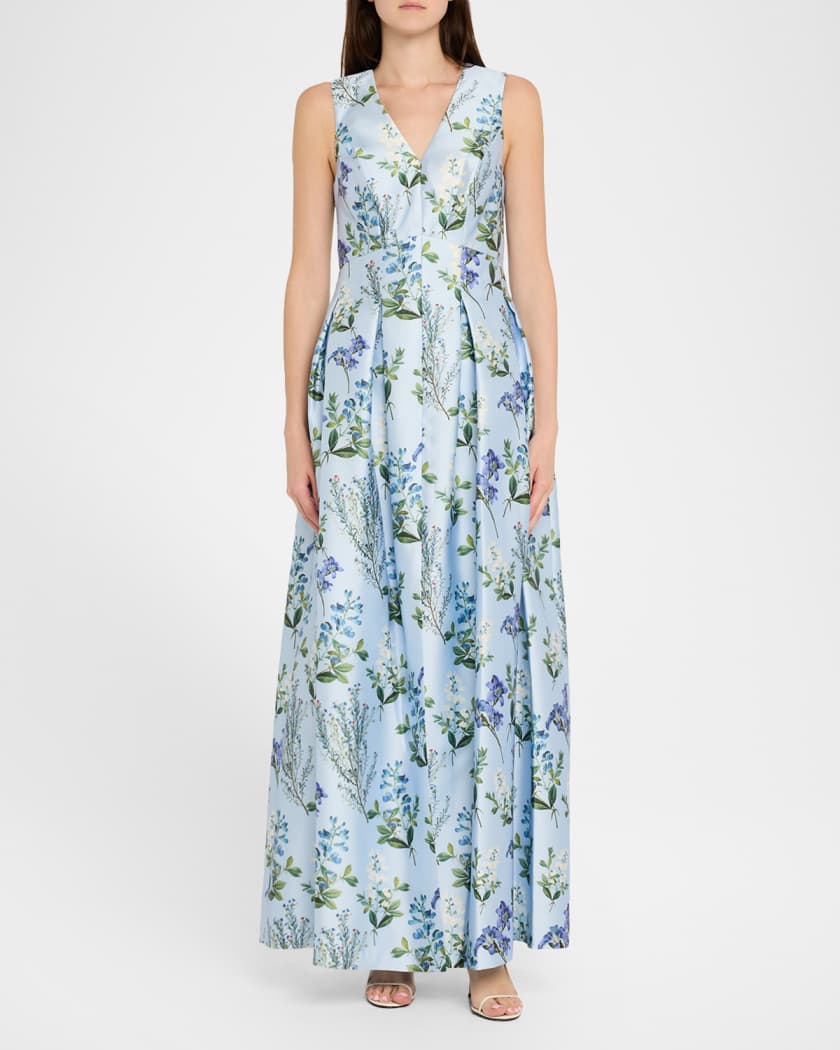 Brooke Pleated Floral-Print Mikado Gown
