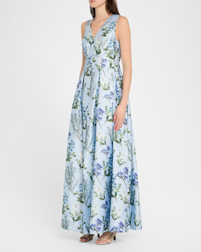 Brooke Pleated Floral-Print Mikado Gown