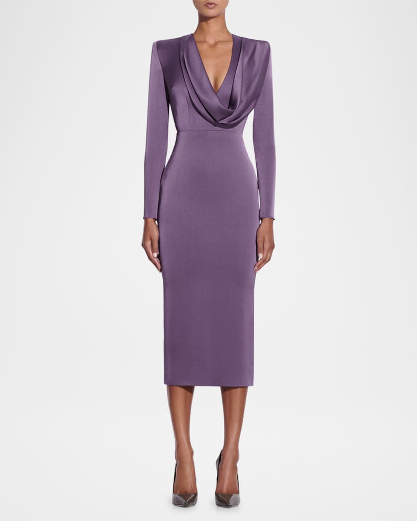 Draped Cowl-Neck Strong-Shoulder Satin Crepe Midi Dress