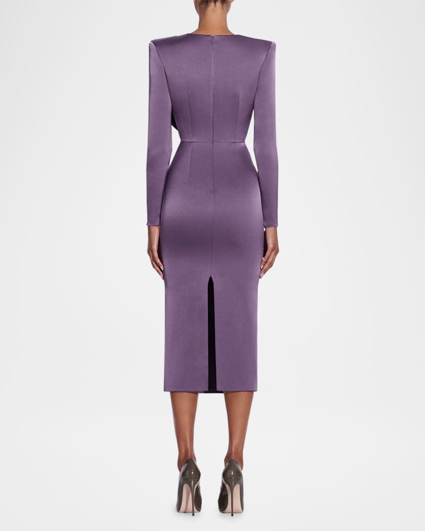 Draped Cowl-Neck Strong-Shoulder Satin Crepe Midi Dress