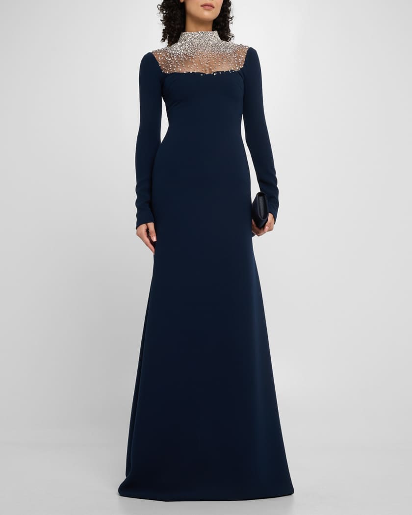 Crystal Beaded Crepe Long-Sleeve Illusion Gown