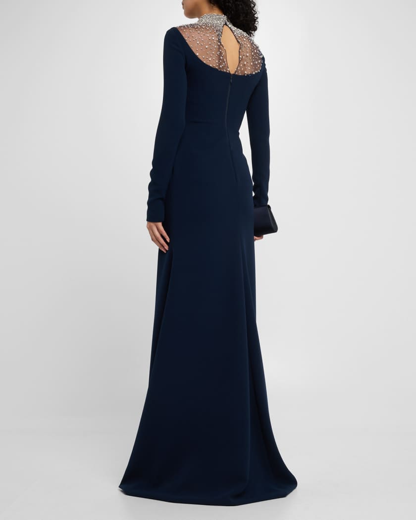 Crystal Beaded Crepe Long-Sleeve Illusion Gown