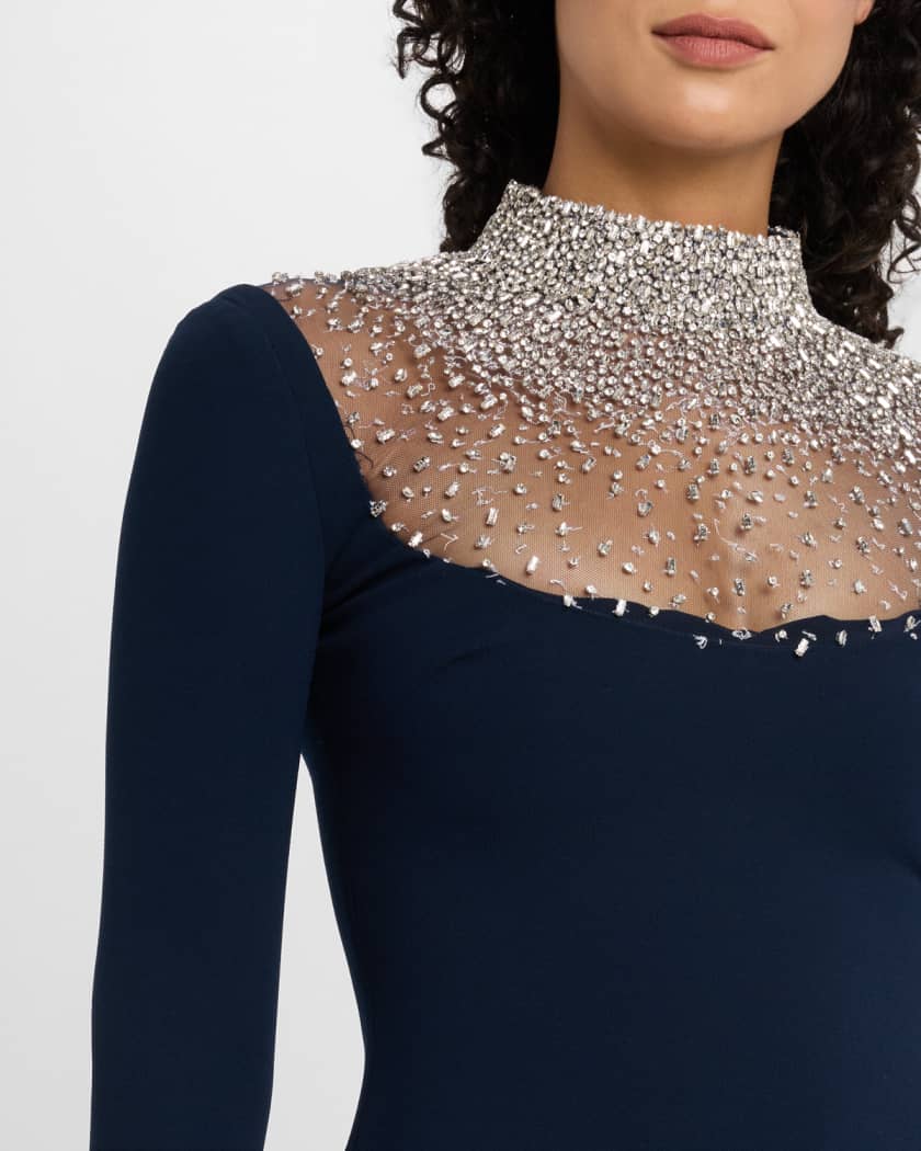 Crystal Beaded Crepe Long-Sleeve Illusion Gown