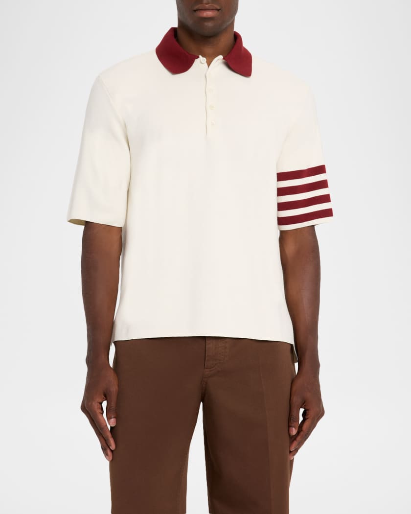 Men's Ecru Cotton Stripe-Sleeve Polo Shirt