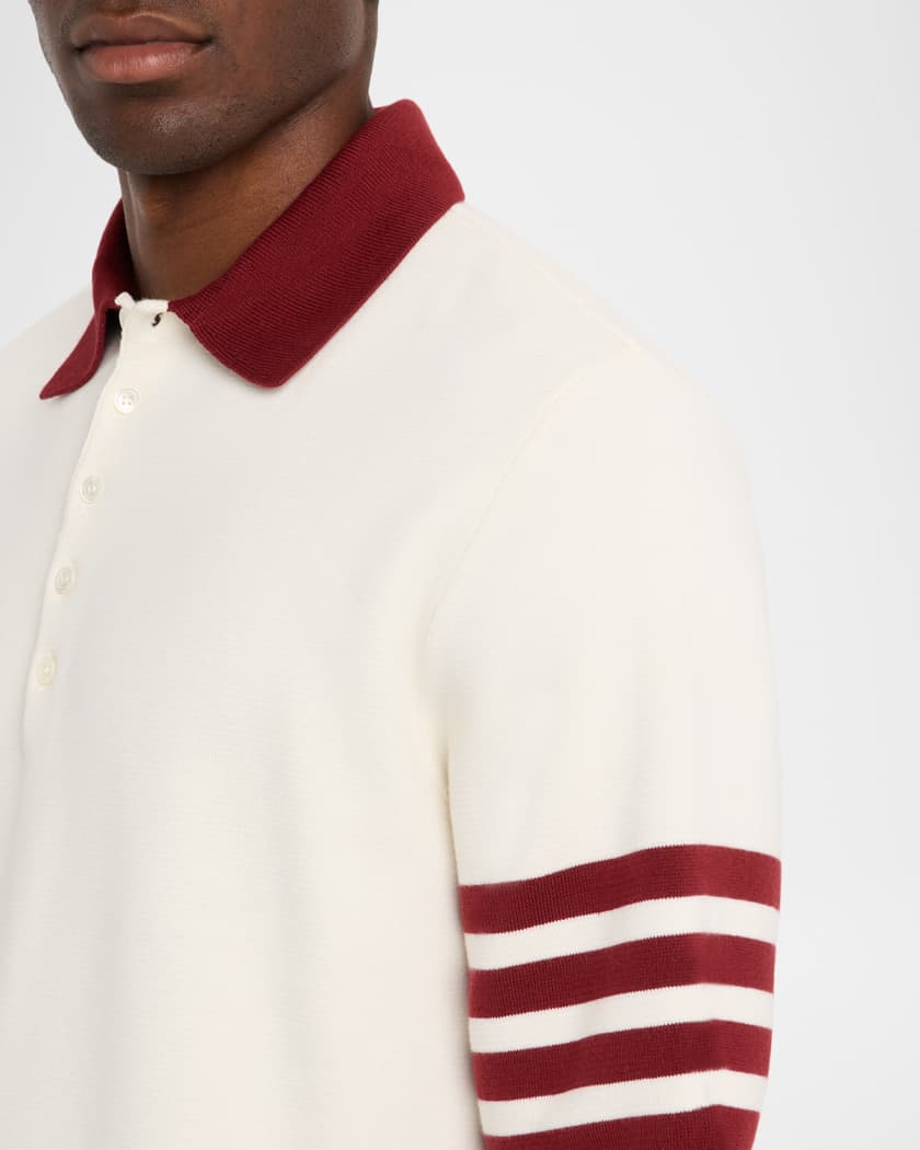 Men's Ecru Cotton Stripe-Sleeve Polo Shirt