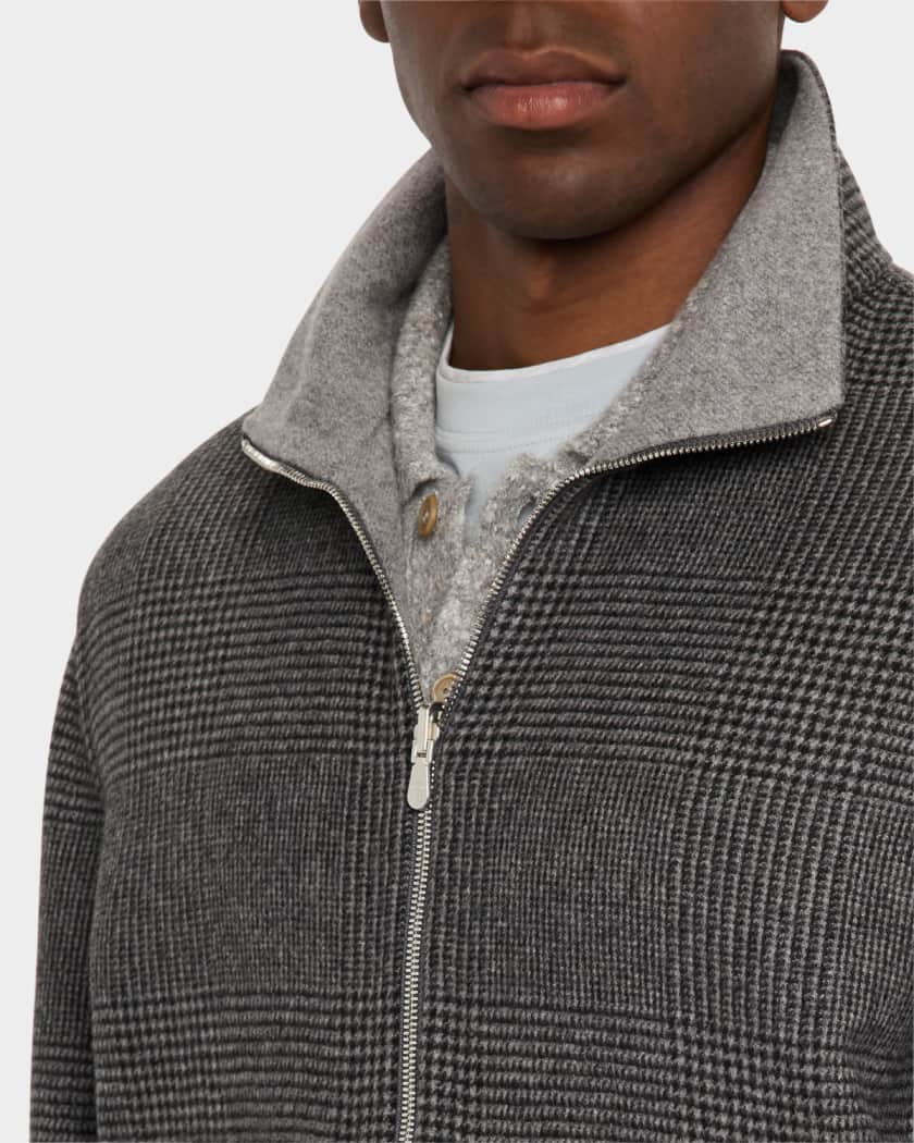 Brunello Cucinelli Men's Reversible Cashmere Plaid Full-Zip