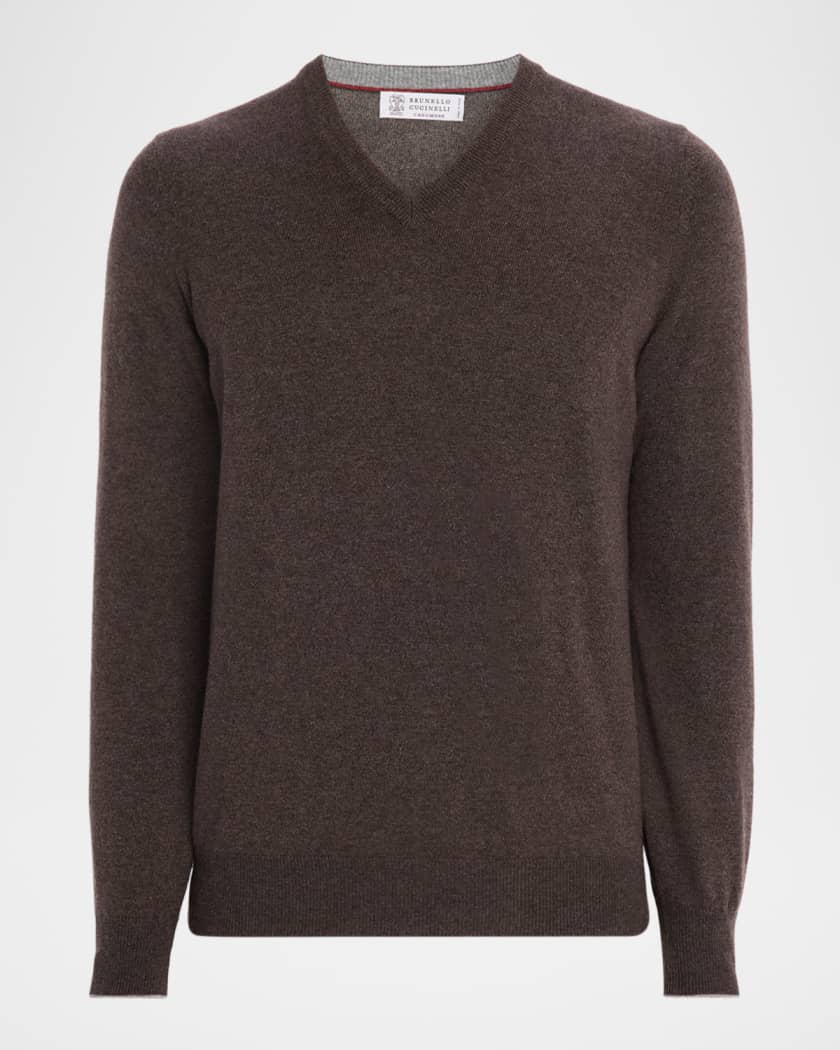 Brunello Cucinelli ブラウン Vネックセーター Men's Cashmere Classic Fit V-Neck Sweater | Neiman Marcus