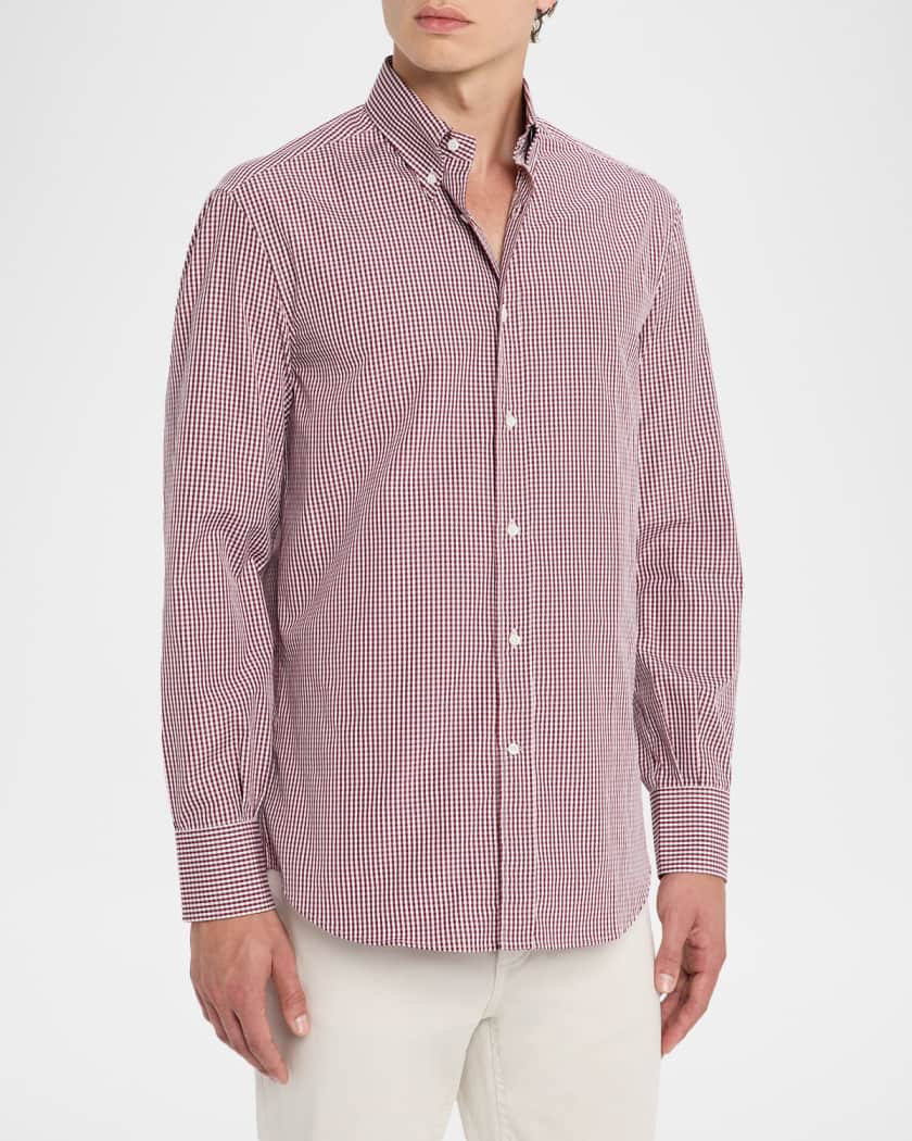Brunello Cucinelli Men's Micro-Gingham Button-Collar Sport