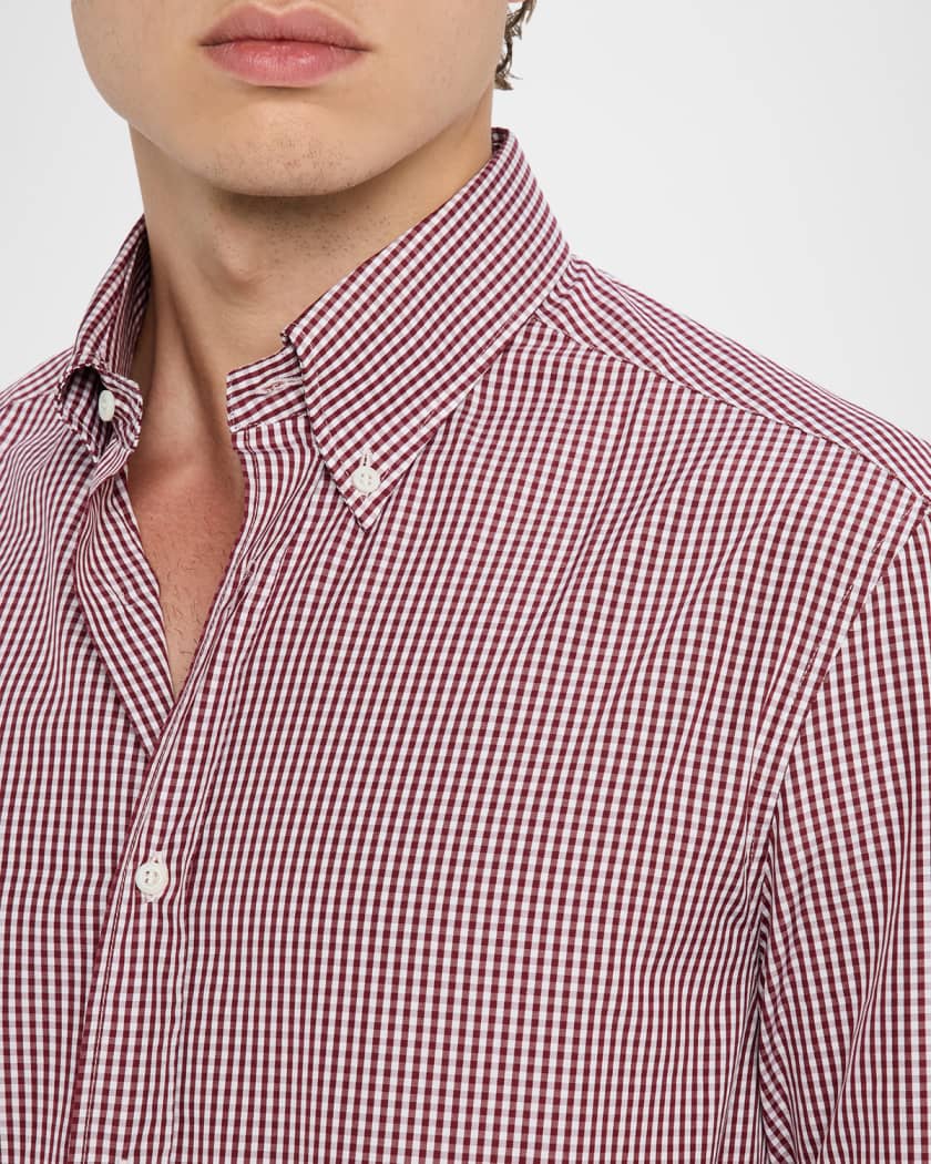 Brunello Cucinelli Men's Micro-Gingham Button-Collar Sport
