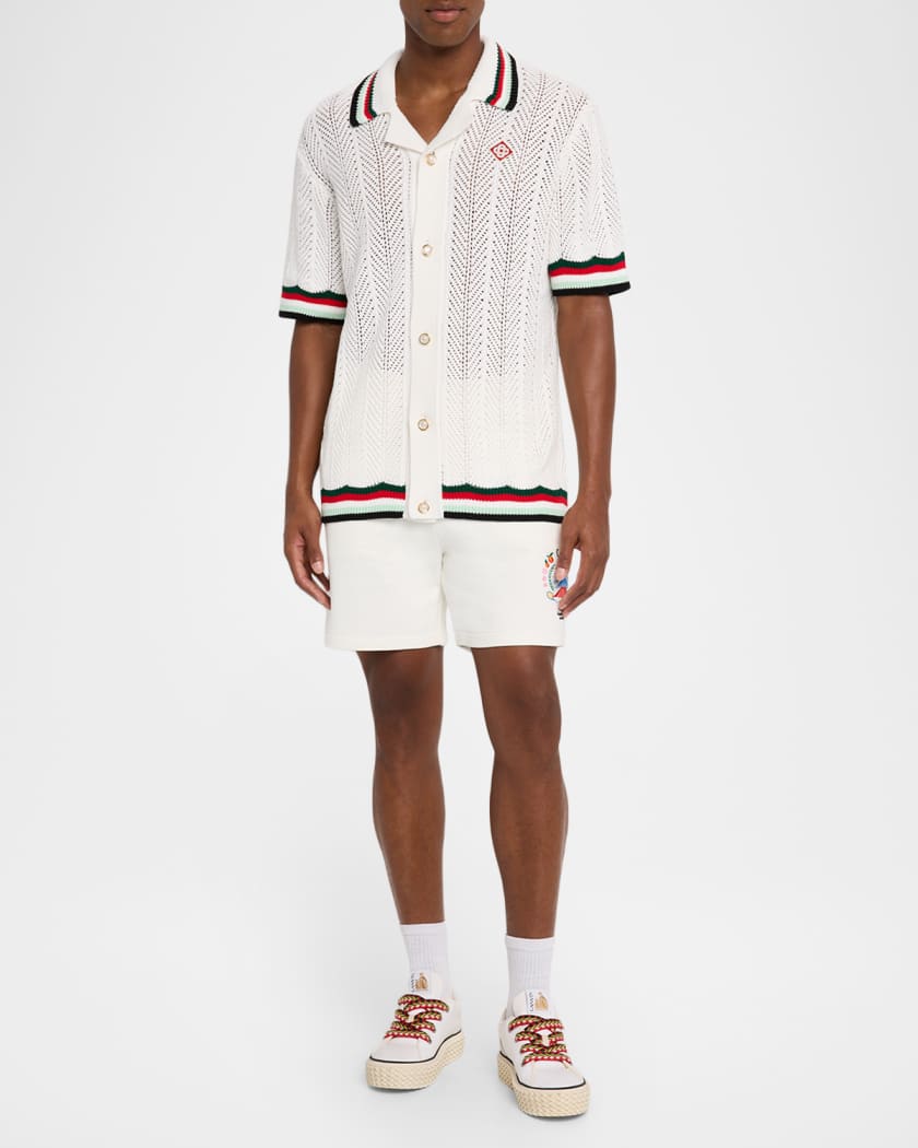 Men's Faux Crochet Stripe-Trim Short-Sleeve Shirt