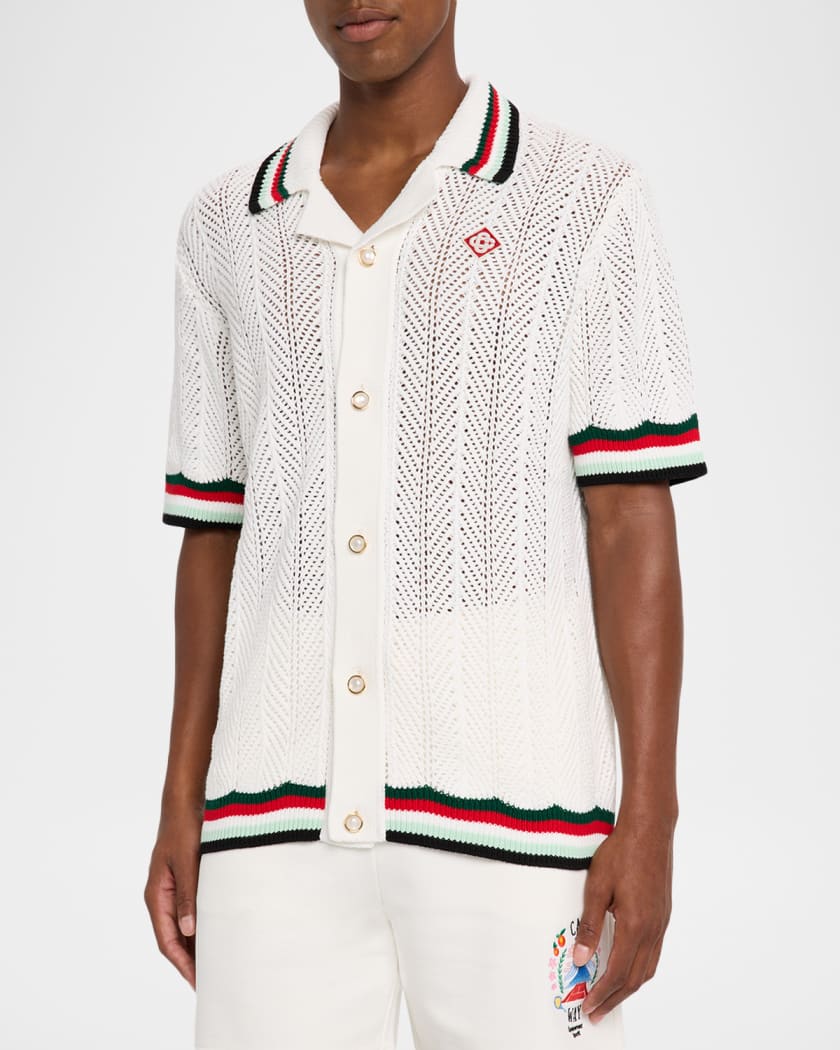 Men's Faux Crochet Stripe-Trim Short-Sleeve Shirt