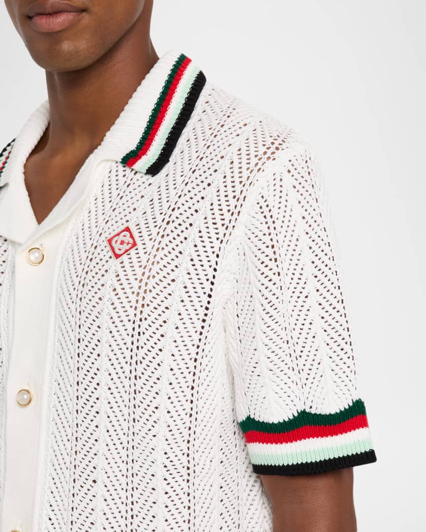 Men's Faux Crochet Stripe-Trim Short-Sleeve Shirt