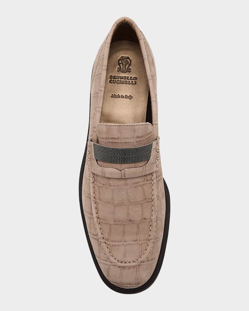 Brunello Cucinelli Croc-Embossed Suede Monili Penny Loafers