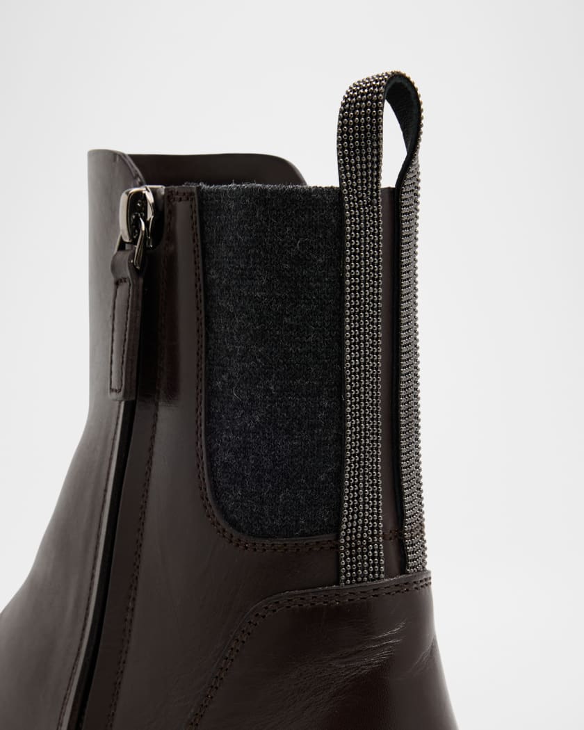 Brunello Cucinelli Leather Ankle Booties with Monili Pull