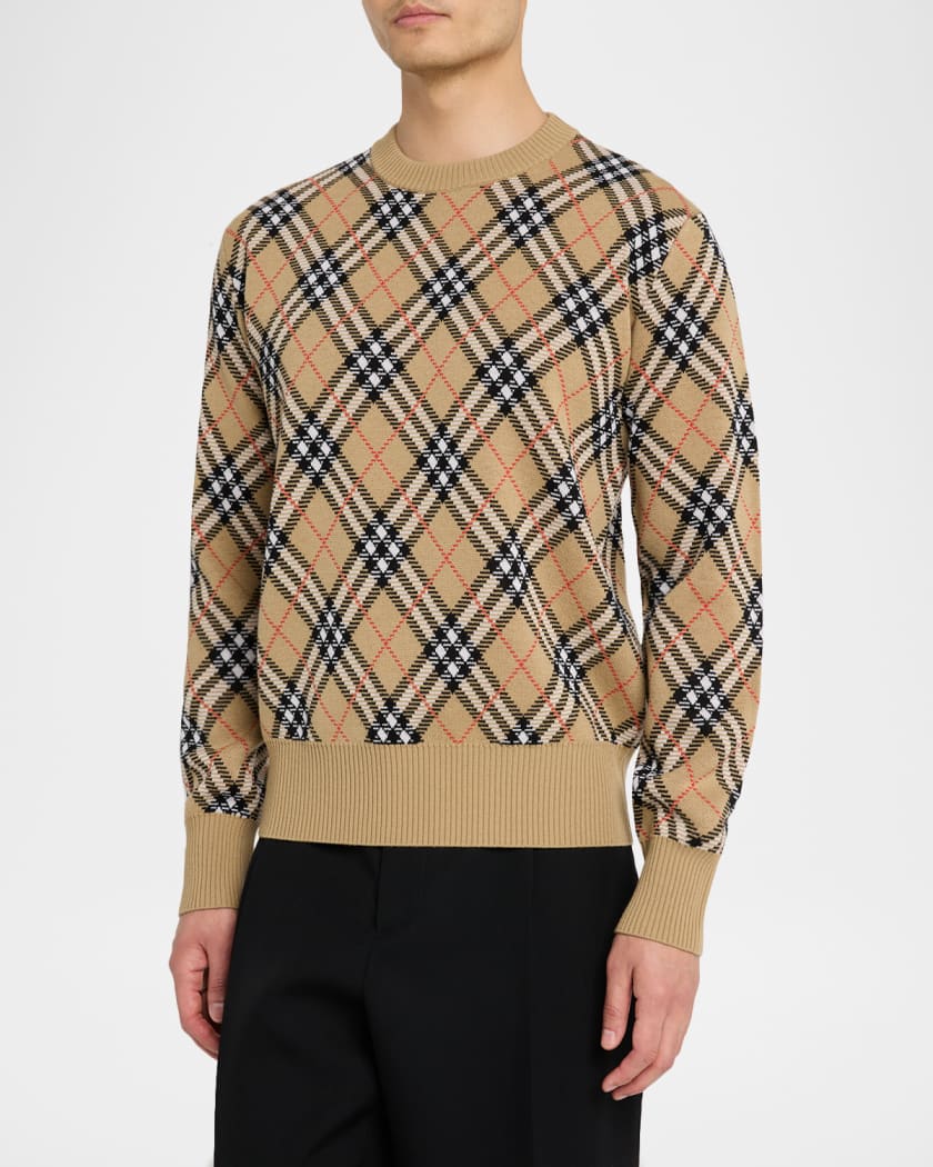【送料&関税込】Burberry Checked Knitted Crewneck Jumper Burberry Men's Vintage Check Knit Crewneck Sweater | Neiman