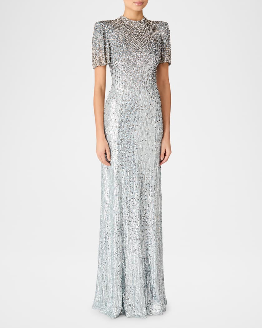Jourdain Crystal Sequined Flutter-Sleeve Gown